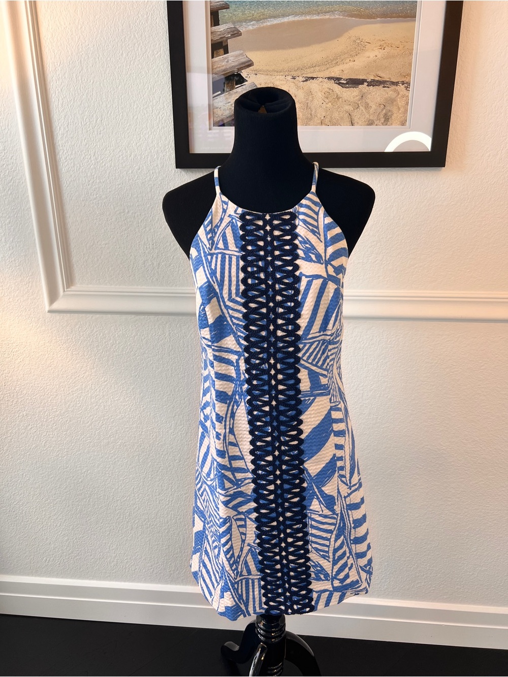 Lilly Pulitzer White Dress with Blue Leaf Print and Pink Label